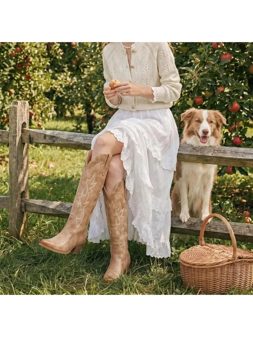 🆕Women's Camel Knee High Flame Embroidered Snip Toe Zipper Chunky Heel
